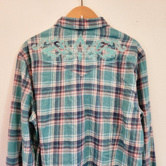 Vtg GUESS Pearl Snap Western Button Up Long Green Plaid Embroidered Men Xl - Picture 13 of 16